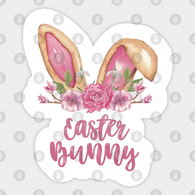 Easter Bunny Pink - Bunny Brown Ears with Pink Flowers Sticker by Patty Bee Shop